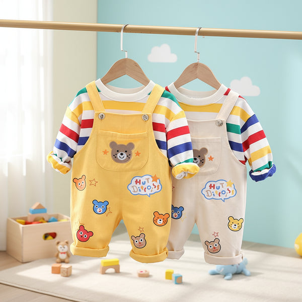 Boys' Top Overalls Suit in yellow and white, featuring colorful stripes and bear designs, stylish and comfortable outfit.