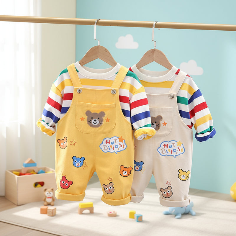 Boys' Top Overalls Suit in yellow and white, featuring colorful stripes and bear designs, stylish and comfortable outfit.