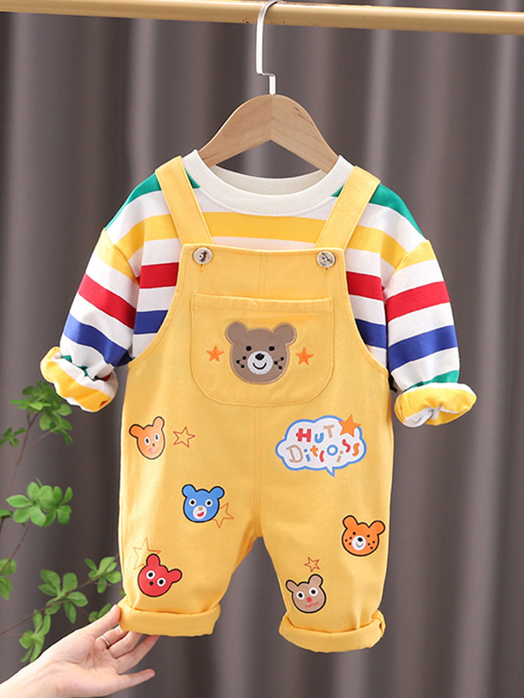 Boys' Top Overalls Suit in yellow with playful bear design, perfect for casual outings and family events.