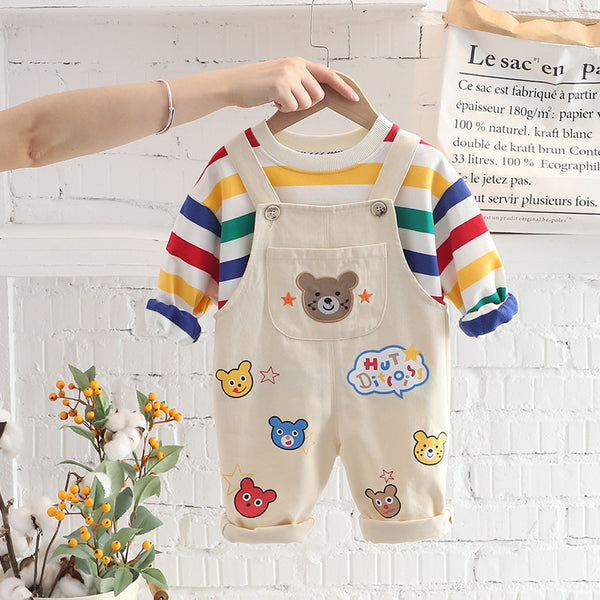 Boys' Top Overalls Suit featuring a colorful striped shirt and playful animal designs, perfect for stylish and comfortable wear.