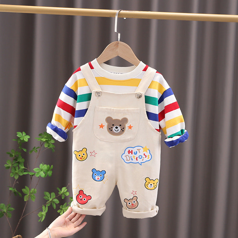 Boys' Top Overalls Suit in yellow with playful bear design, perfect for casual outings and family events.