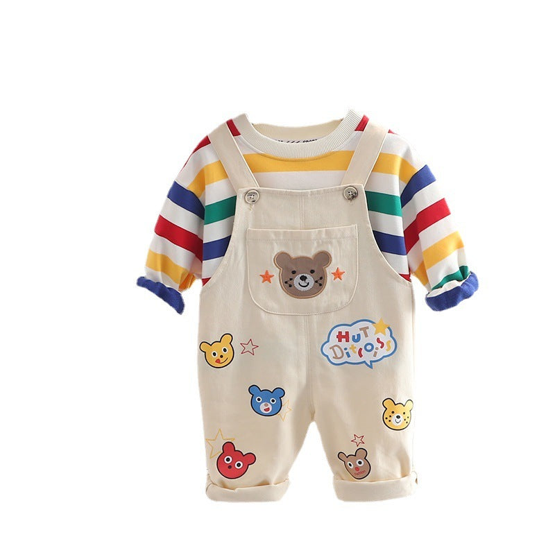 Boys' Top Overalls Suit featuring colorful striped top and adorable bear patches, perfect for stylish kids' outfits.