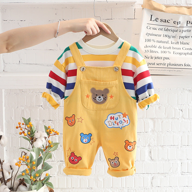Boys' Top Overalls Suit in yellow with playful bear design, perfect for casual outings and family events.