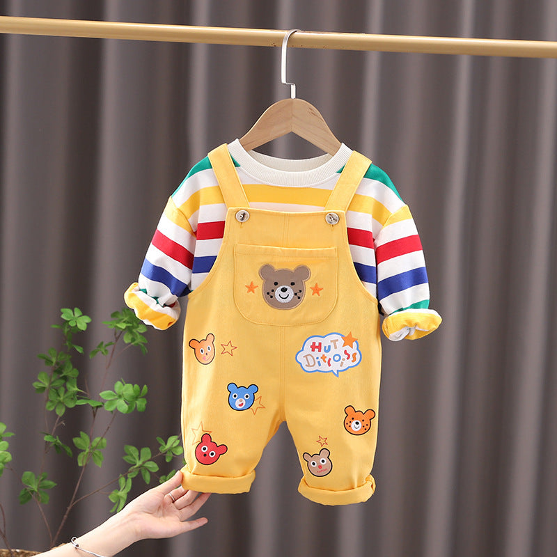 Boys' Top Overalls Suit in yellow with playful bear design, perfect for casual outings and family events.