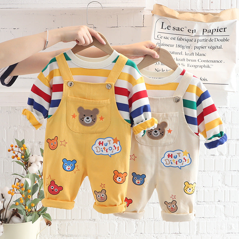 Boys' Top Overalls Suit in yellow with playful bear design, perfect for casual outings and family events.